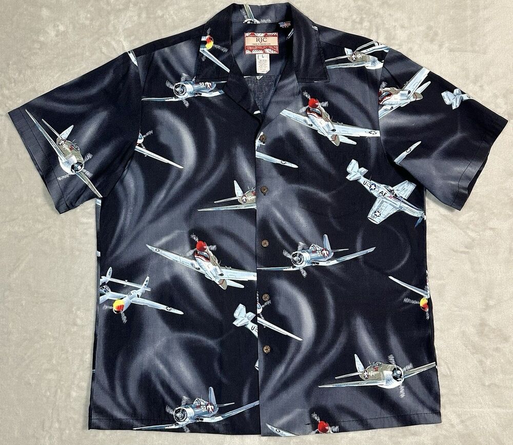 RJC Mens Large Black WWII Airplane Aviation Hawaiian Aloha Camp Shirt Hawaii USA